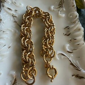 Vintage large chunky gold tone triple ring twisted knot bracelet 8"
